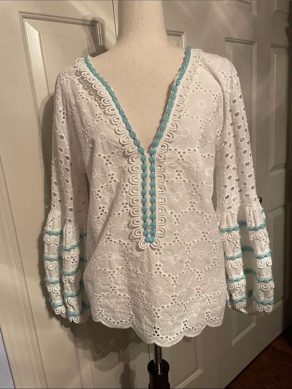 White Eyelet Tunic with Turquoise Trim - Women's V-Neck Tunic